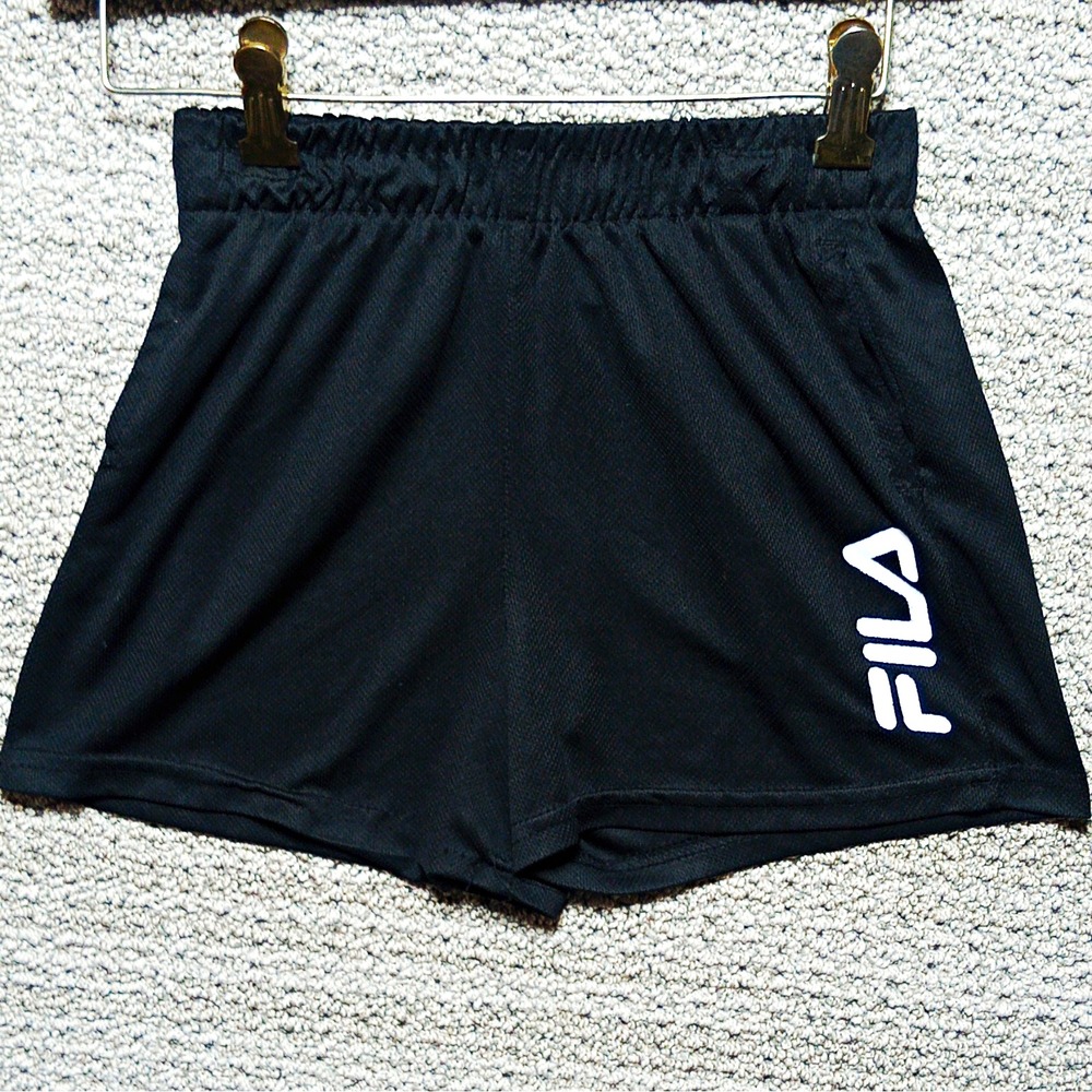 #F14-FILA Women's Athletic Shorts Black/White Mesh Elastic Waist M